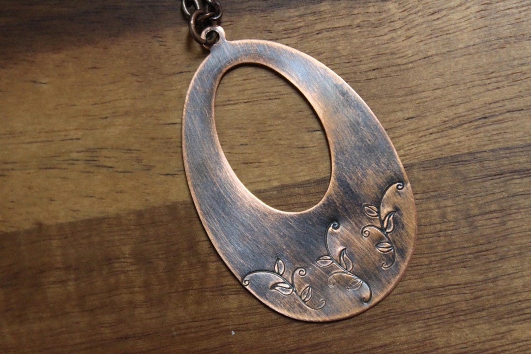 Hand Stamped Copper Leaf Necklace, Boho Pendant Necklace, Bohemian