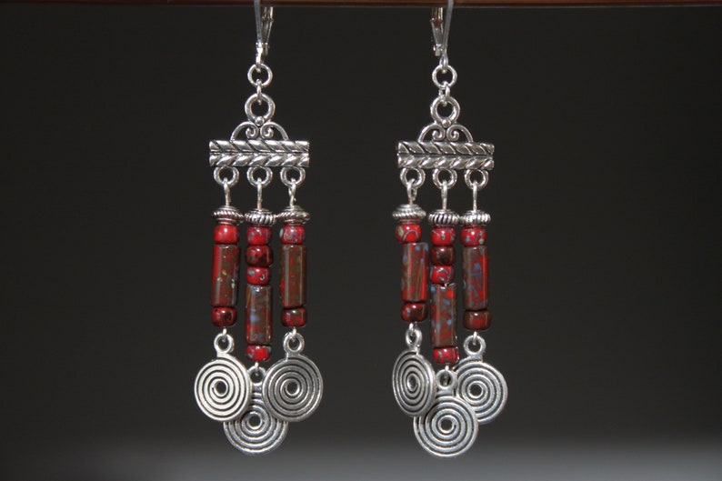 Red Boho Chandelier Earrings Silver Dangle Earrings Glass image 1