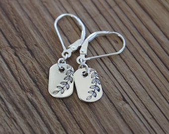 Tiny Sterling Silver Leaf Earrings, Dangle Earrings, Drop Earrings, Hand Stamped Earrings, Minimalist, Dainty, Nature lover Earrings, Gift