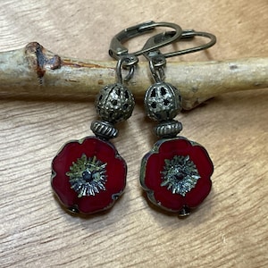 Red Czech Glass Flower Earrings, Antique Brass Dangle Jewelry