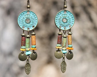 Boho Earrings Bohemian Earrings Boho jewelry Bohemian Jewelry Chandelier Earrings Gypsy Ethnic Earrings Turquoise Brass Gift for women