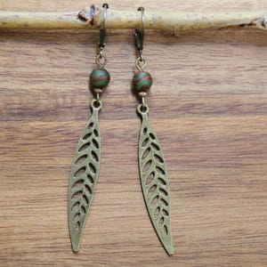 Long Brass Leaf Dangle Earrings: Boho Bohemian Jewelry