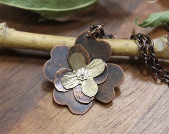 Handcrafted Copper Flower Necklace, Oxidized Boho Artisan Nature Jewelry