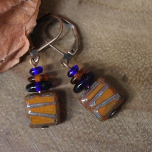 Burnt Orange Blue Earrings, Czech Glass Earrings, Dangle Earrings, Small Earrings