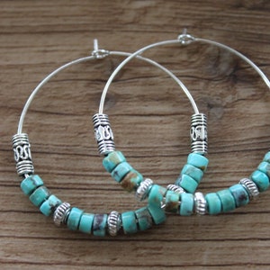 Silver Turquoise Earrings / Hoop Earrings / Boho Jewelry / Beaded ...