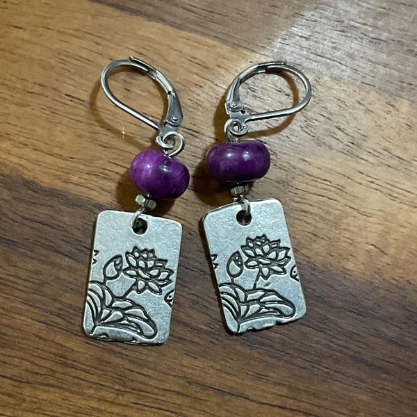 Pendientes de jaspe plateado morado oscuro, pendientes bohemios colgantes, joyería floral