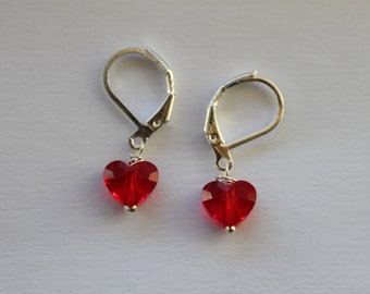 Tiny Heart Sterling Silver Earrings Red Heart Swarovski crystal Earrings Dainty Earrings Gift for women Gift for wife Gift for her