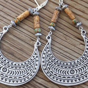 Yellow Boho Earrings, Silver dangle earrings, Large Boho jewelry, Bohemian earrings, Statement Earrings, Ethnic Earrings, Hippie earrings