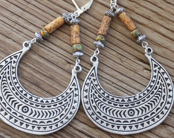 Yellow Boho Earrings, Silver dangle earrings, Large Boho jewelry, Bohemian earrings, Statement Earrings, Ethnic Earrings, Hippie earrings