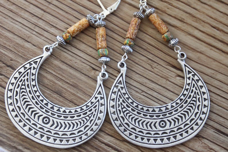 Yellow Boho Earrings, Silver dangle earrings, Large Boho jewelry, Bohemian earrings, Statement Earrings, Ethnic Earrings, Hippie earrings image 1