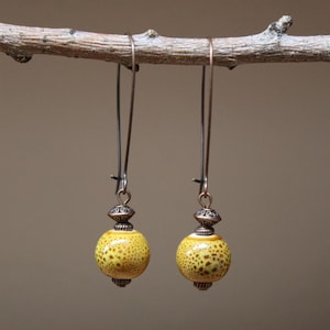 Mustard Yellow Ceramic Dangle Earrings,  Antique Copper Jewelry