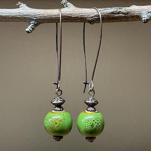 Green Ceramic Earrings, Antiqued Copper Dangle Earrings