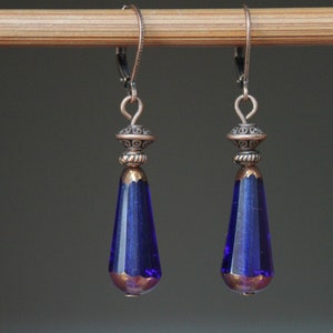 Dark Blue Czech Glass Dangle Earrings: Antique Copper Lever Backs