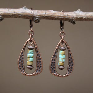 Turquoise Boho Copper Earrings, Dangle Boho Jewelry, Drop Earrings, Bohemian Earrings, Rustic Earrings