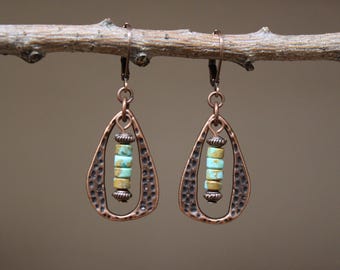 Turkosa Boho Kopparörhängen, Dingla Boho Smycken, Droppörhängen, Boho Örhängen, Rustika Örhängen