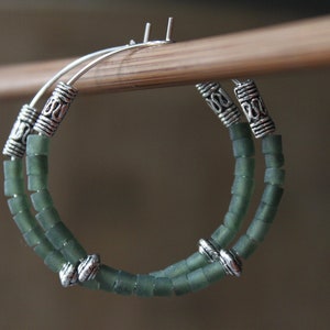 Green Silver Hoop Earrings / Silver Beaded Hoop / Boho earrings / Bohemian  Jewelry / Jade Earrings / Gift for women