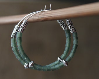 Green Silver Hoop Earrings / Silver Beaded Hoop / Boho earrings / Bohemian  Jewelry / Jade Earrings / Gift for women