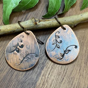 Hand Stamped Copper Leaf Earrings, Dangle Boho Earrings, Bohemian Earrings, Boho Jewelry, 7th Anniversary, Nature Lover Gift, Unique Earring