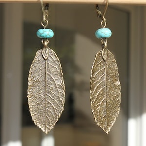 Turquoise Boho Earrings, Dangle Leaf Earrings, Bohemian Earrings, Boho Jewelry, Brass Earrings, Nature Lover Gift Earrings image 1