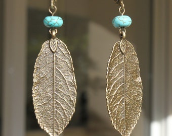 Turquoise Boho Earrings, Dangle Leaf Earrings, Bohemian Earrings, Boho Jewelry, Brass Earrings, Nature Lover Gift Earrings