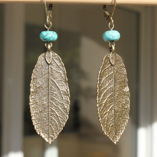 Turquoise Boho Earrings, Dangle Leaf Earrings, Bohemian Earrings, Boho Jewelry, Brass Earrings, Nature Lover Gift Earrings