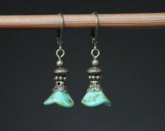 Turquoise Earrings, Dangle Earrings, Drop Earrings, Flower Earrings, Czech Glass Earrings, Gift For Her, Gift For women