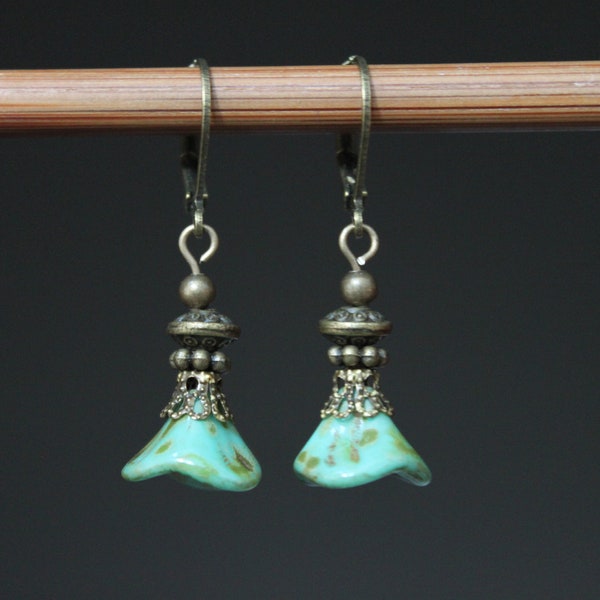 Turquoise Earrings, Dangle Earrings, Drop Earrings, Flower Earrings, Czech Glass Earrings, Gift For Her, Gift For women