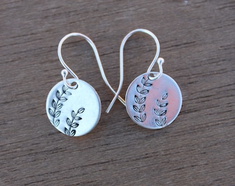 Small Leaf Sterling Silver Earrings Dangle Drop Earrings Hand stamped Leaf Earrings Minimalist Earrings Disc Dainty Nature lover gift