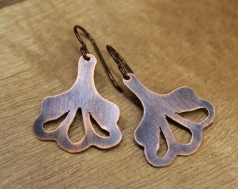 Handcrafted Copper Flower Earrings, Dangle Boho Earrings, Hand Sawed Oxidized Lotus Jewelry