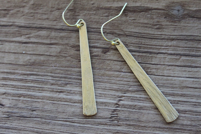 Gold Brass Earrings, Long, Dangle and Drop Earrings, Bar Earrings, Stick Earrings, Hammered Earrings, Lightweight Earrings, Brass jewelry image 7