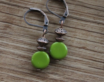 Tiny Green Czech Glass Coin Dangle Earrings, Antique Copper Jewelry