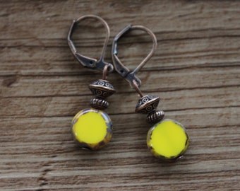 Yellow Earrings, Czech Glass Earrings, Dangle, Drop Earrings, Small Earrings, Lightweight Earrings, Gift for women, Birthday Gifts for women
