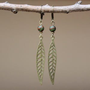 Long Brass Leaf Dangle Earrings: Boho Bohemian Jewelry