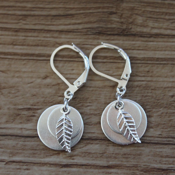 Small Sterling Silver Leaf Earrings, Dangle Earrings, Discs Earrings, Nature Lover Gift, Sterling Leverback Earrings, For women