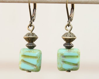 Turquoise Green Earrings Czech Glass Earrings Dangle Drop Earrings SMALL EARRINGS Gift for women Gift for her