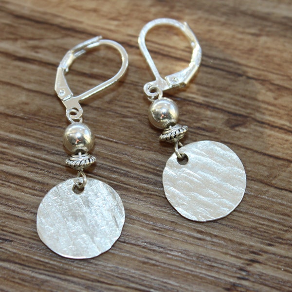 Small Sterling Silver Earrings, Hammered Disc Earrings, Dangle Earrings, Lever Back Earrings