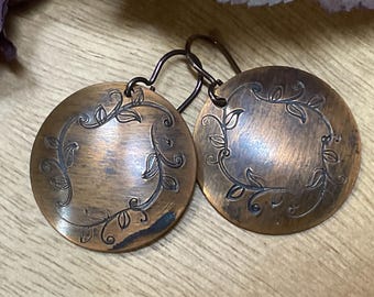 Hand Stamped Copper Leaf Earrings, Dangle Boho Earrings, Bohemian Earrings, Boho Jewelry, 7th Anniversary, Nature Lover Gifts