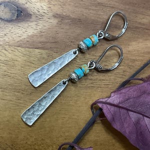 Hammered Turquoise Silver Dangle Earrings, Small Boho Western Jewelry