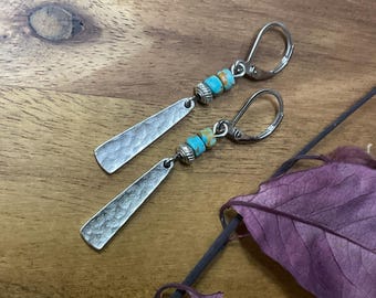 Hammered Turquoise Silver Dangle Earrings, Small Boho Western Jewelry