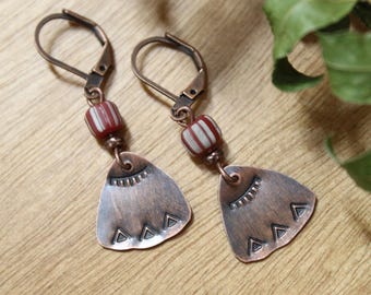 Hand gestempelt oxidierte Kupfer Ohrringe, kleine Baumeln Ohrringe, ethnische Ohrringe, Stammes Ohrringe, Südwesten Ohrringe, Kupfer Schmuck