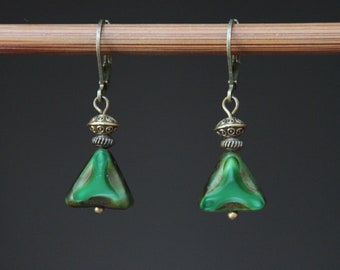 Green Earrings Dangle Earrings Glass Earrings Triangle Earrings Gift for women