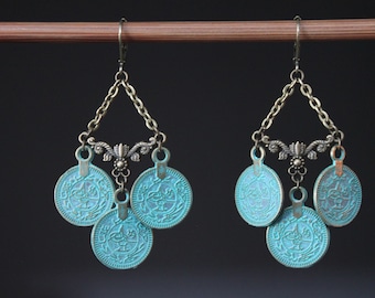 Large Turquoise Boho Earrings, Chandelier Earrings, Bohemian, Jewelry, Ethnic, Hippie, Gypsy, Statement earrings, Gift for women