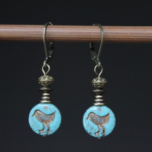 Turquoise Earrings Dangle Drop Earrings Bird Earrings Czech Glass earrings Bird Nature lover Gift SMALL EARRINGS