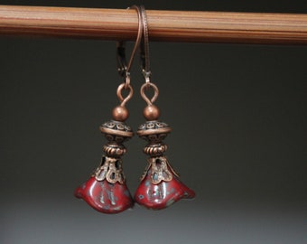 Dark Red Earrings Dangle Drop Small Earrings Czech Glass Earrings Flower Earrings Gift For women Gift for her