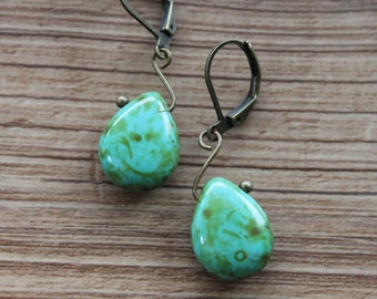 Turquoise Green Earrings / Dangle / Drop / Czech Glass Earrings / Small Teardrop / Gift For Women