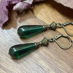 Long Green Czech Glass Teardrop Earrings: Antiqued Brass Boho Dangles