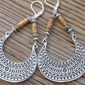 Yellow Boho Earrings, Silver dangle earrings, Large Boho jewelry, Bohemian earrings, Statement Earrings, Ethnic Earrings, Hippie earrings