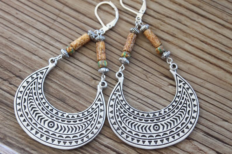 Yellow Boho Earrings, Silver dangle earrings, Large Boho jewelry, Bohemian earrings, Statement Earrings, Ethnic Earrings, Hippie earrings image 2