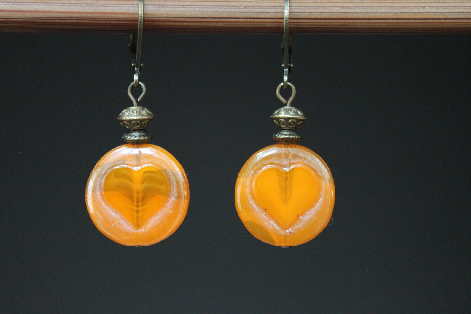 Orange Heart Earrings Dangle Drop Earrings Czech Glass Etsy