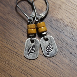 Hand Stamped Tiny Oxidized Sterling Silver Leaf Earrings, Yellow Jasper Dangle Earrings, Drop Earrings, Dainty Earring, Nature lover Gift